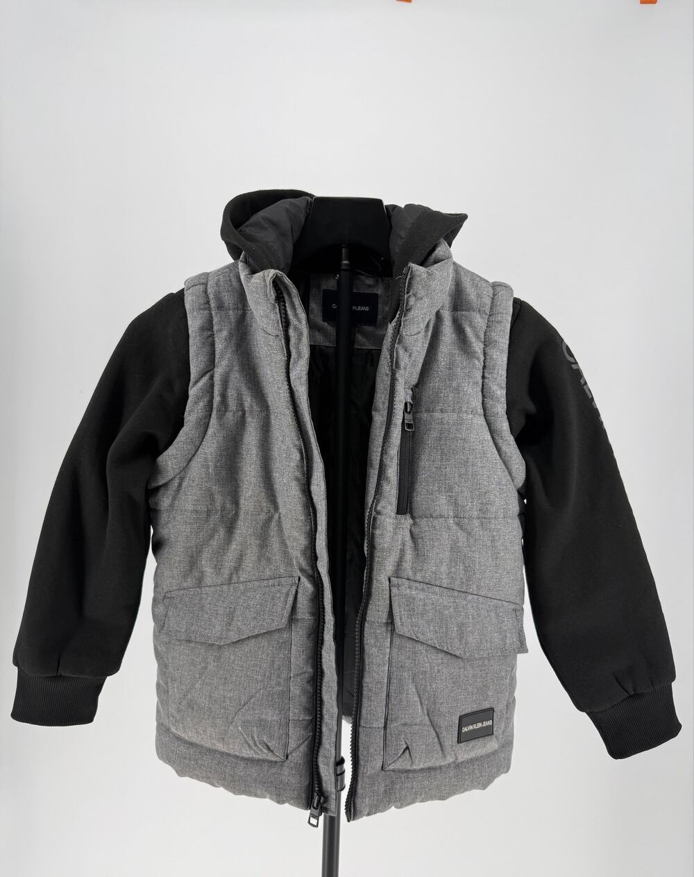 Calvin Klein Jeans Boys S 7/8 Gray Puffer Jacket Black Hoodie Logo Coat
